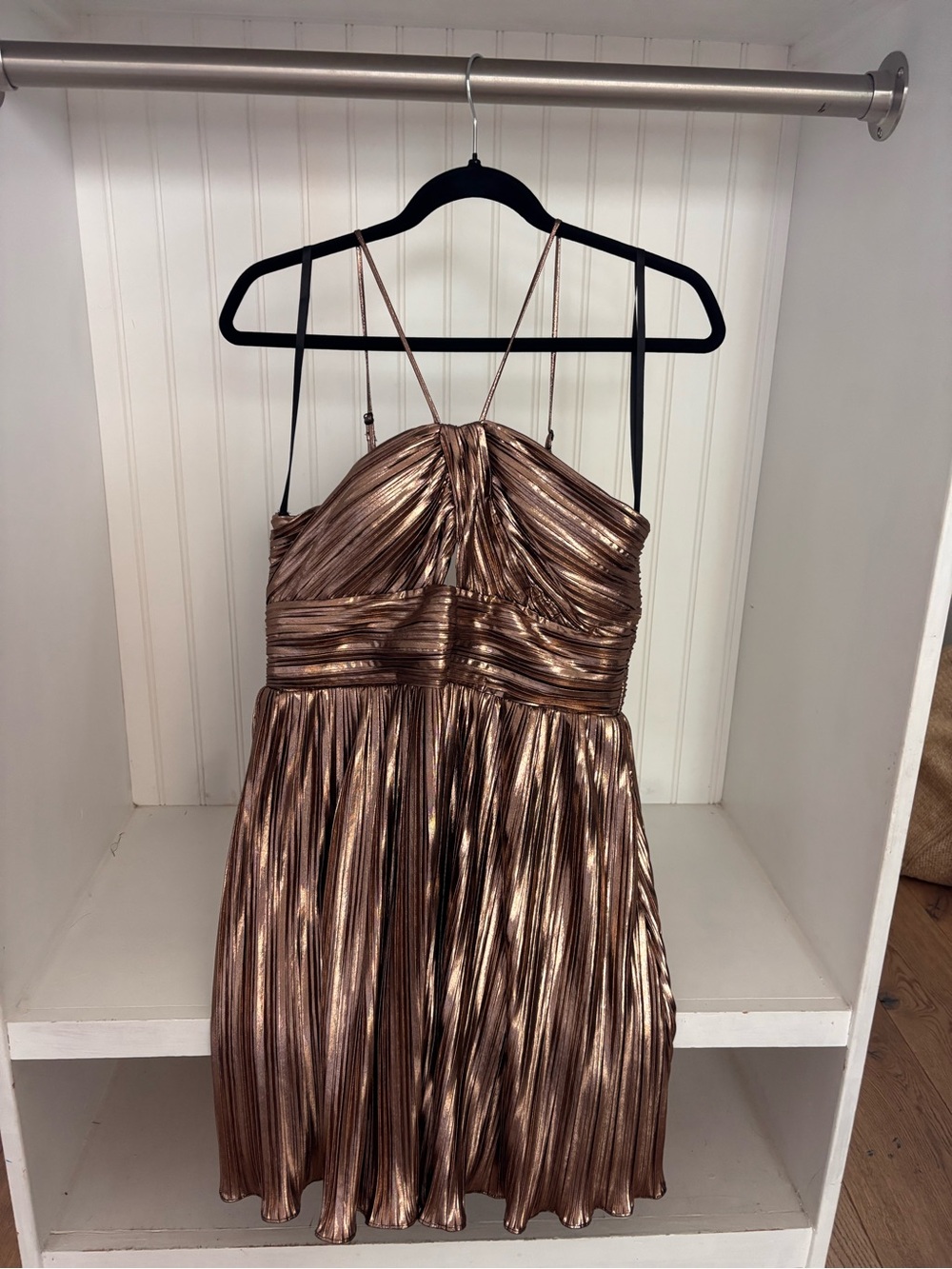 City Studios Copper Metallic Pleated Mini Dress